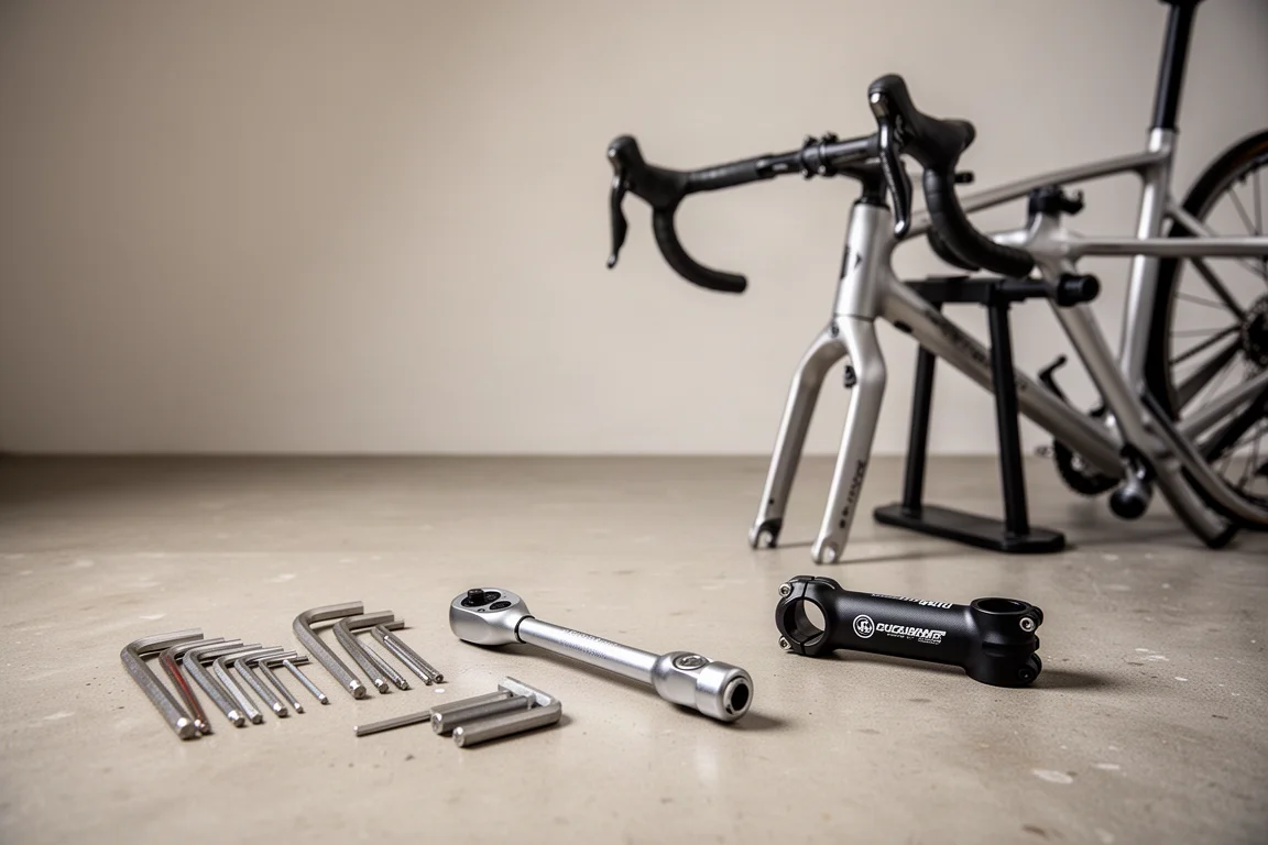 Werkbank mit Werkzeug und einem Rennrad-Cockpit, das gerade eingestellt wird