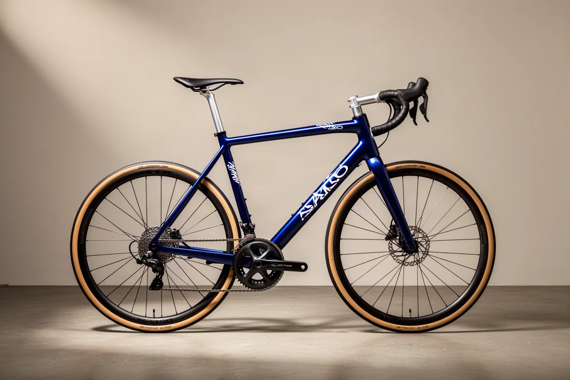2ピースコックピットと丸型シートポストを備えた青いロードバイクのサイドプロファイル