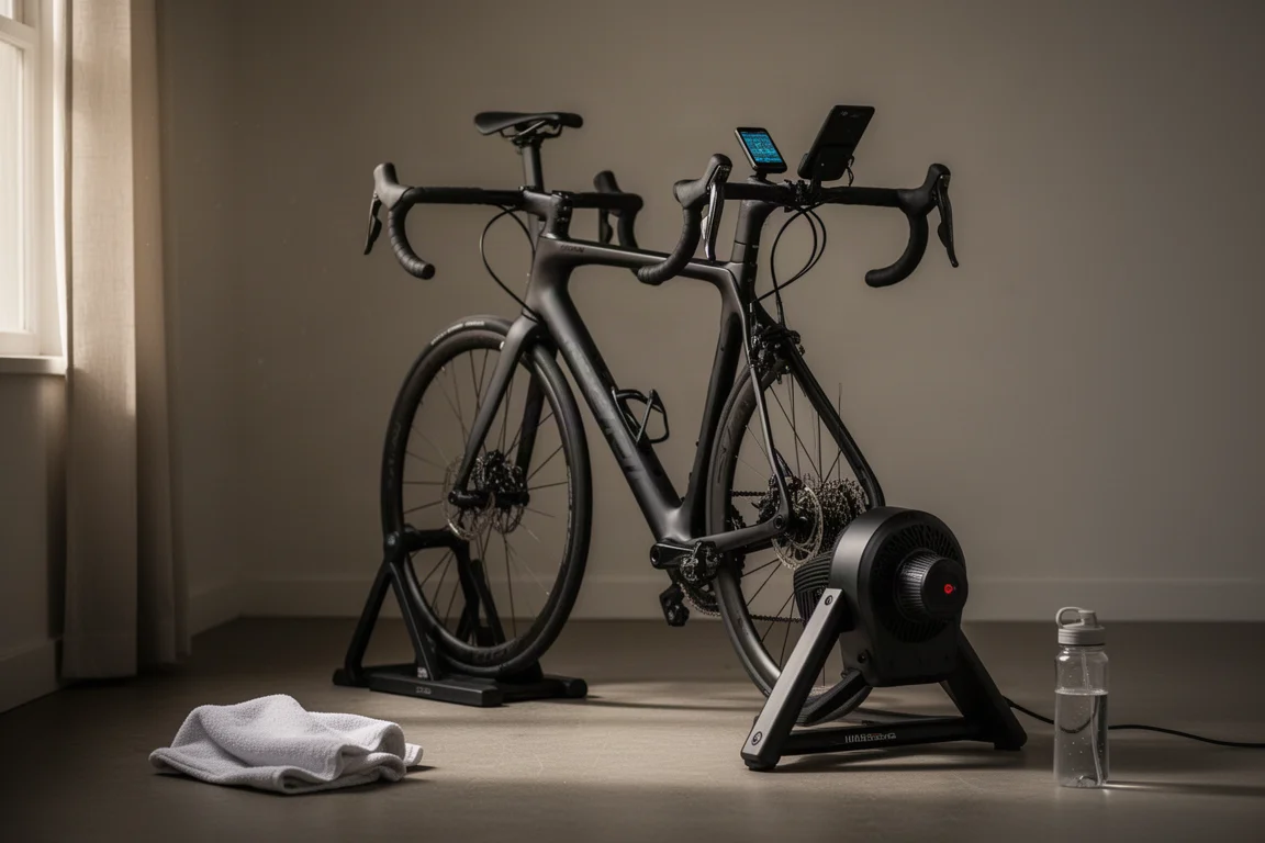 Indoor trainer setup with a road bike and cycling computer during interval training