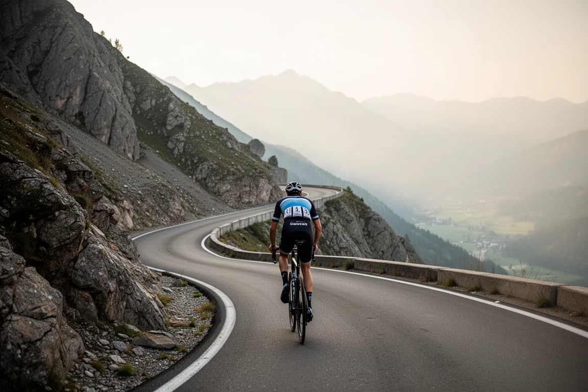 Cyclist climbing a mountain road in low gear during a long ascent