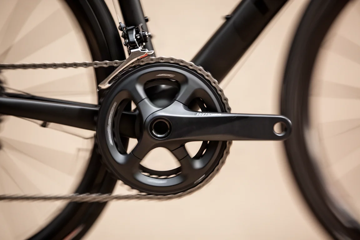 Close-up of a cycling crank arm with sensors during a sprint effort