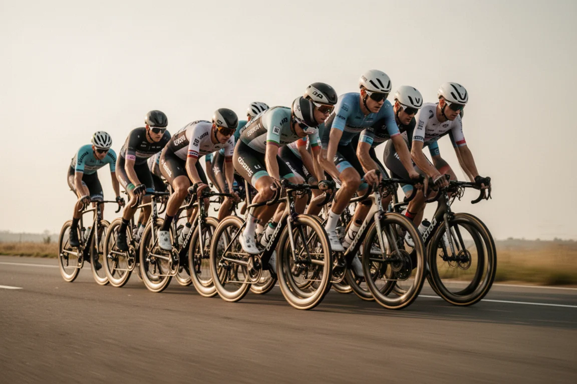 Cyclist riding in a large group with many riders packed closely together