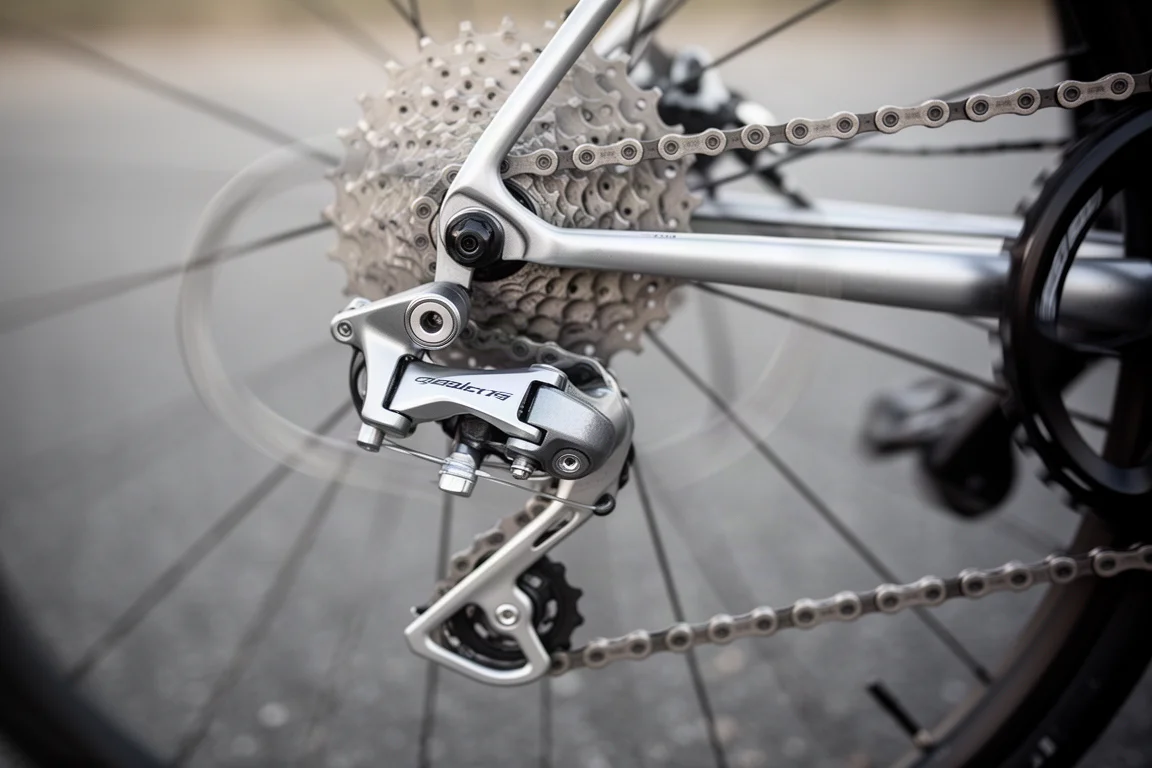 Zbliżenie na mechaniczną przerzutkę tylną i kasetę roweru szosowego w ruchu