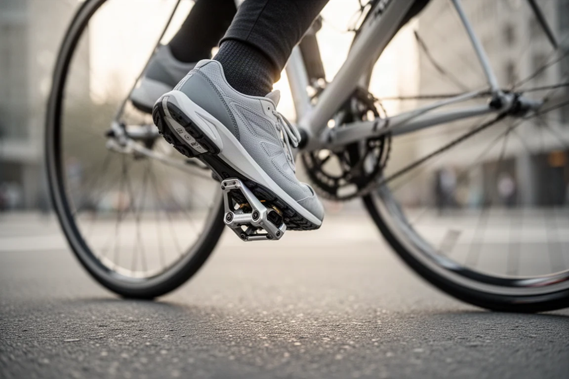 Low-angle view of a cyclist clipping a road shoe into a pedal at a city junction