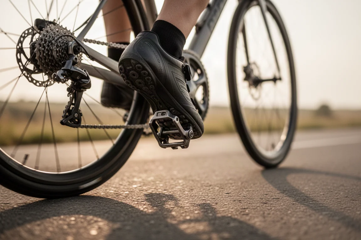 Road cyclist's shoe locked into a dark metal pedal mid-stroke on an open road