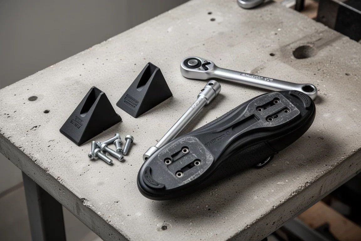 Flat-lay of road cleats, bolts, a torque wrench and a shoe sole on a workshop bench