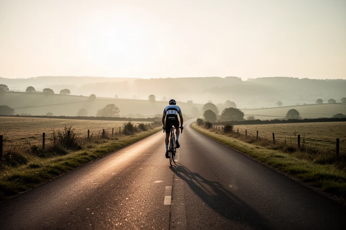 Road cyclist climbing a quiet road at sunrise seen from behind