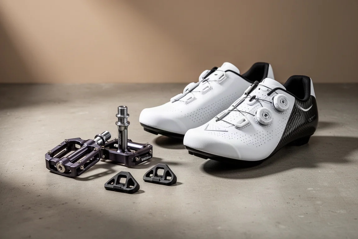 Pedali da strada Shimano SPD-SLR, tacchette e scarpe da ciclismo bianche disposti su una superficie in cemento
