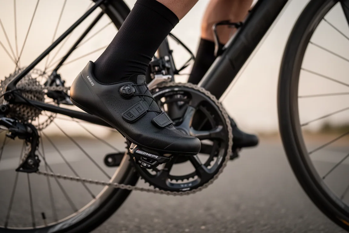Close-up of a cyclist's foot pressing a low-profile road pedal mid-stroke