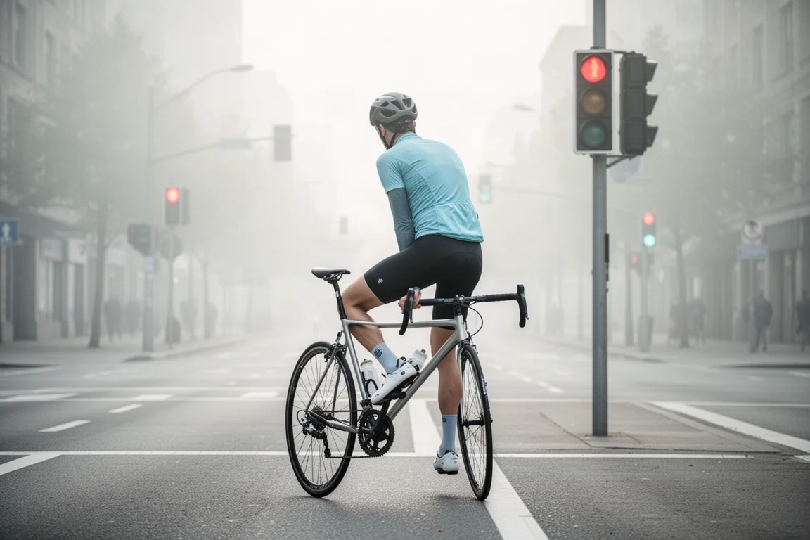 Cyclist waiting at a city traffic light with one foot resting on a pedal