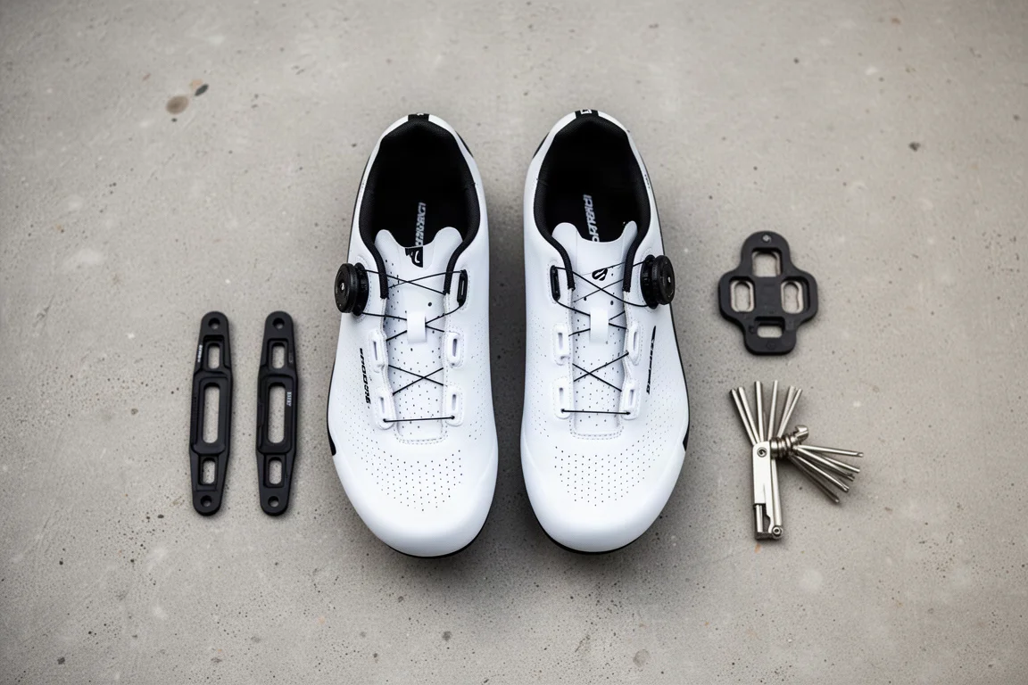 Overhead flat-lay of white road cycling shoes, black cleats and a multi-tool