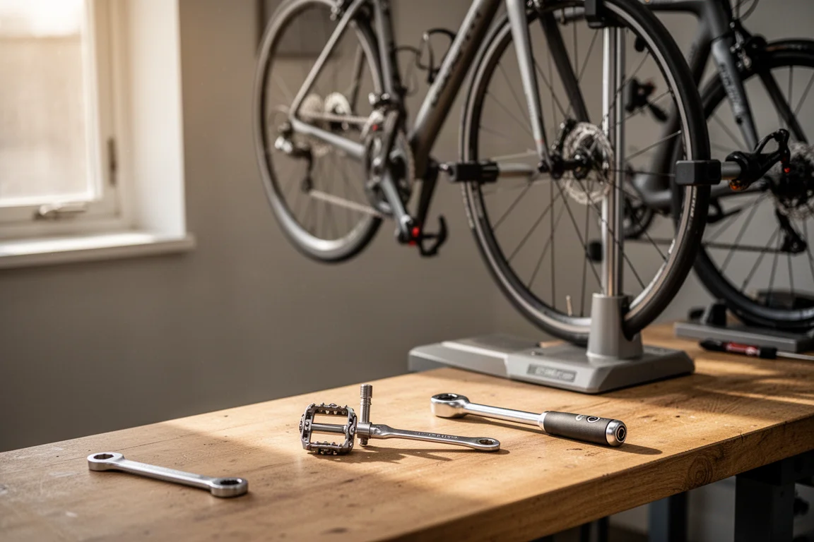 Road bike in a workshop stand with a pedal spanner and torque wrench on a bench
