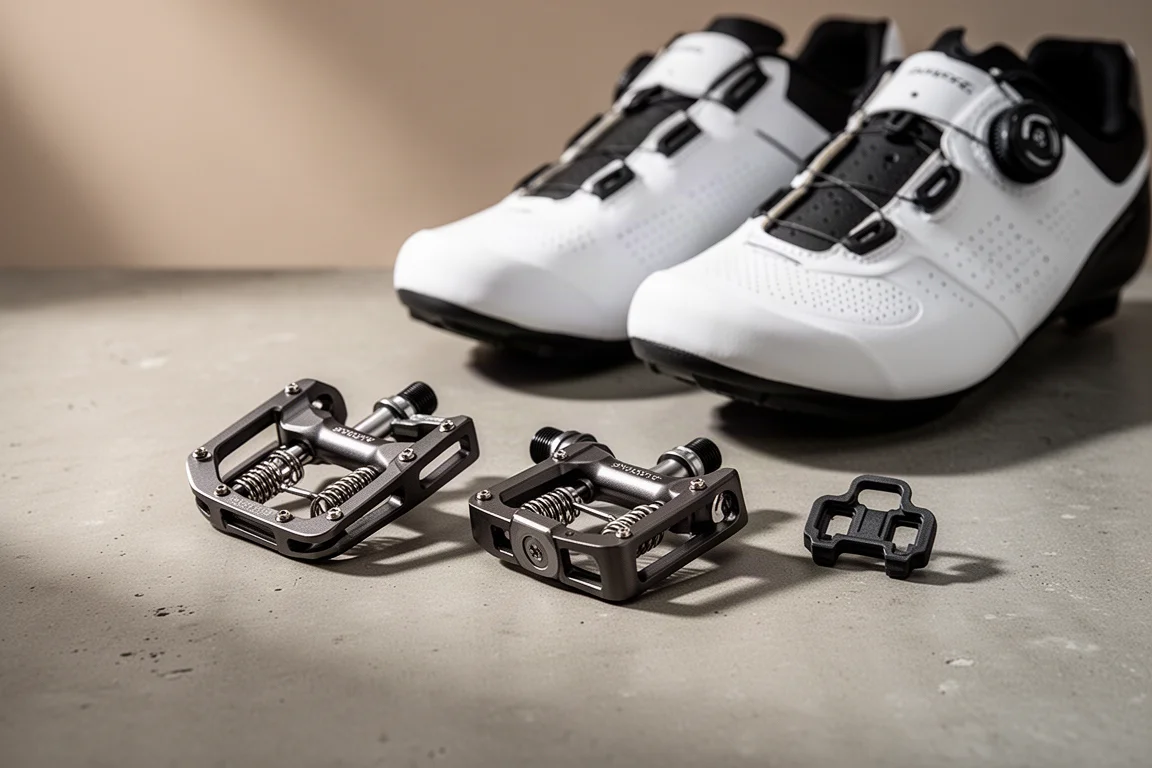 Racepedalen, witte fietsschoenen en een zwart schoenplaatje op een betonnen ondergrond
