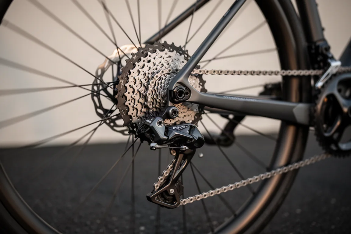 Primo piano di una cassetta a 12 velocità e del deragliatore posteriore di una bici da strada in movimento