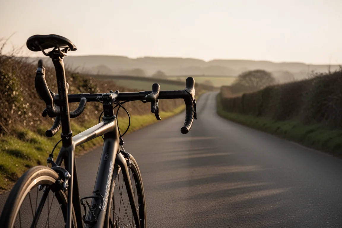 Bici da strada fotografata di profilo su una tranquilla strada di campagna durante l'ora d'oro
