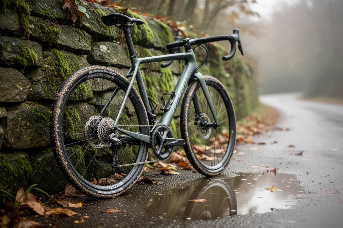Bici da strada appoggiata a un muro di pietra su una strada autunnale bagnata