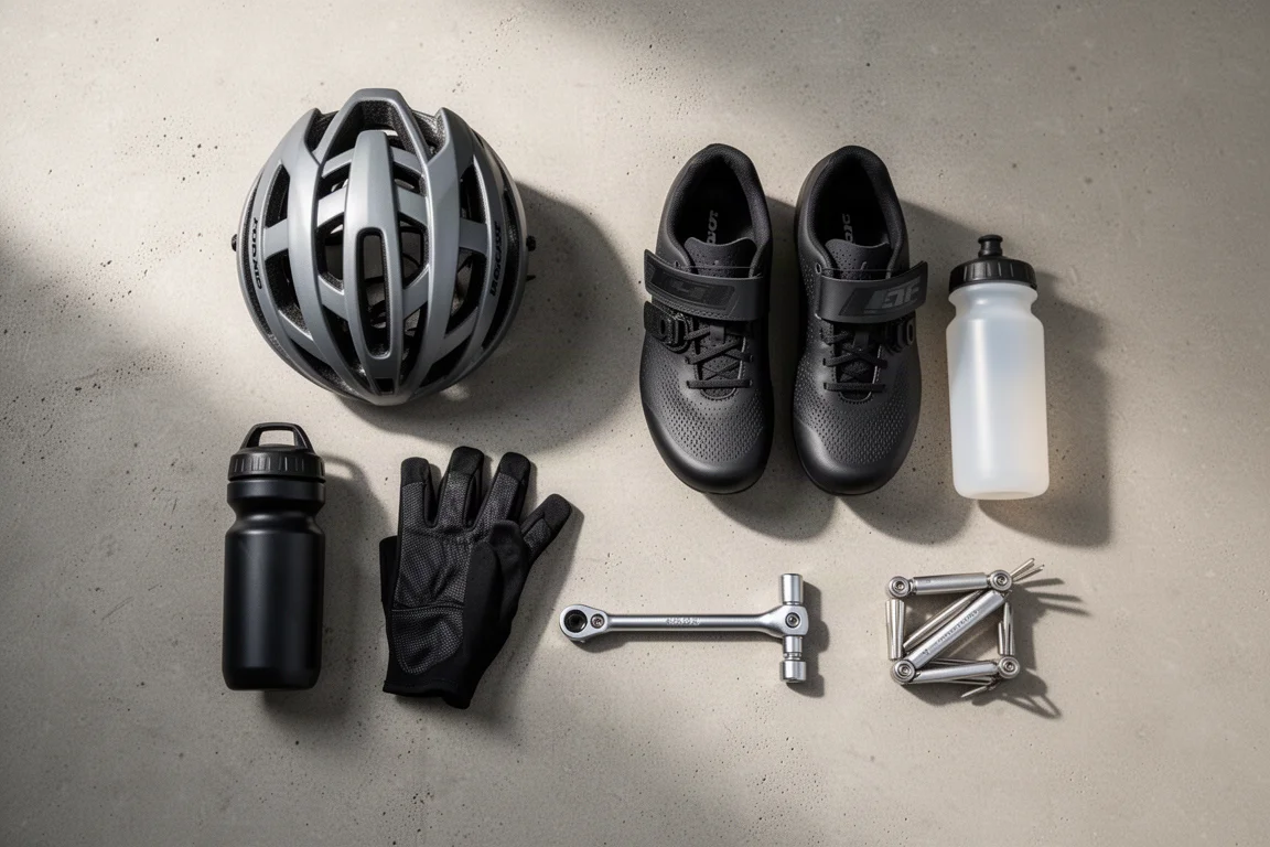 Flat lay dall'alto di accessori essenziali per il ciclismo su strada su una superficie in cemento