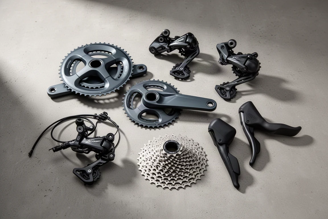 マットなコンクリート上にロードバイク用グループセットの部品を並べたフラットレイ
