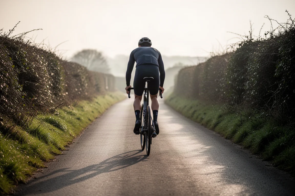 Ciclista su strada che sale lungo una tranquilla strada di campagna nella luce soffusa del mattino