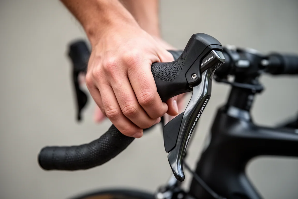 Primo piano di una mano appoggiata sulla leva freno di una bici da strada