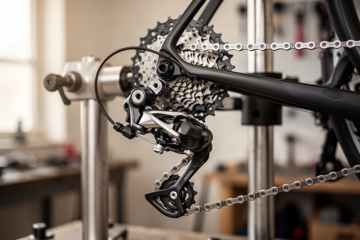 Road bike drivetrain close-up showing a rear derailleur and cassette on a workshop stand
