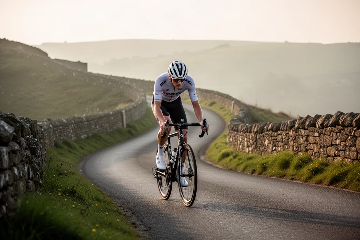 Cyclist shifting gears while climbing a steep road in soft daylight