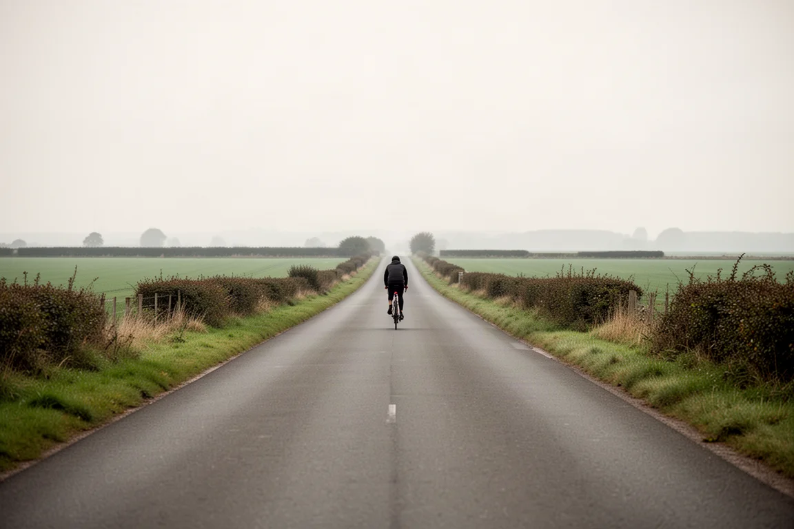 Flat road stretching into open countryside with a cyclist riding at steady pace
