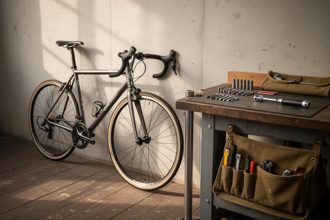 Cyclist and bicycle resting against a wall beside a workshop bench with tools