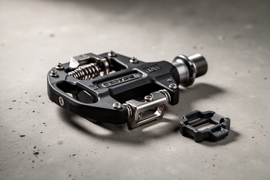 Nahaufnahme eines Rennradpedals und Cleats auf einem Betonboden