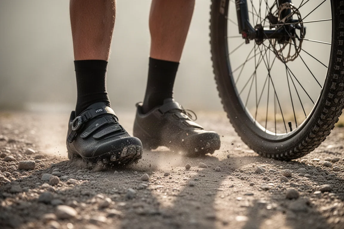 Füße eines Radfahrers in Offroad-Radschuhen auf einem Schotterweg