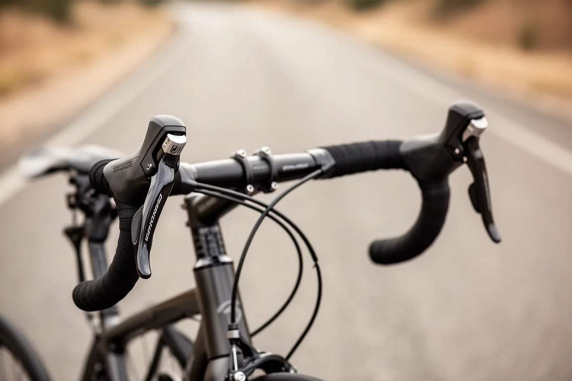 Close-up of a road bike handlebar with dual control levers and tape