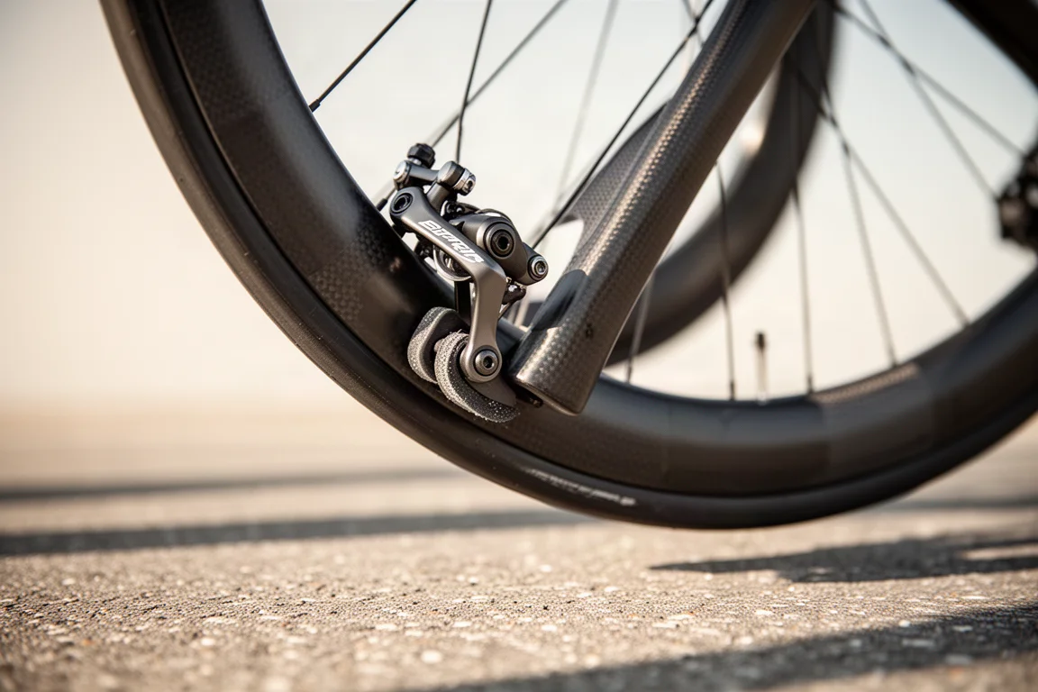 Rim brake caliper gripping a carbon wheel rim on a road bike