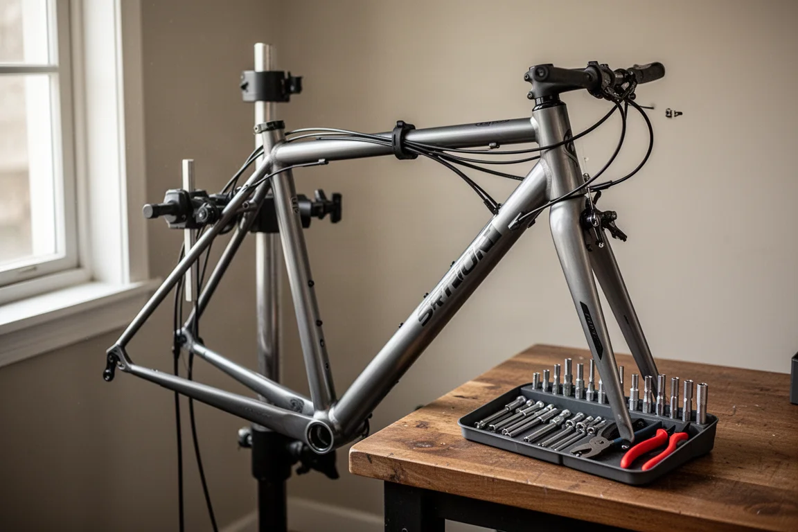 Road bike frame in a repair stand with cables and tools on a workbench