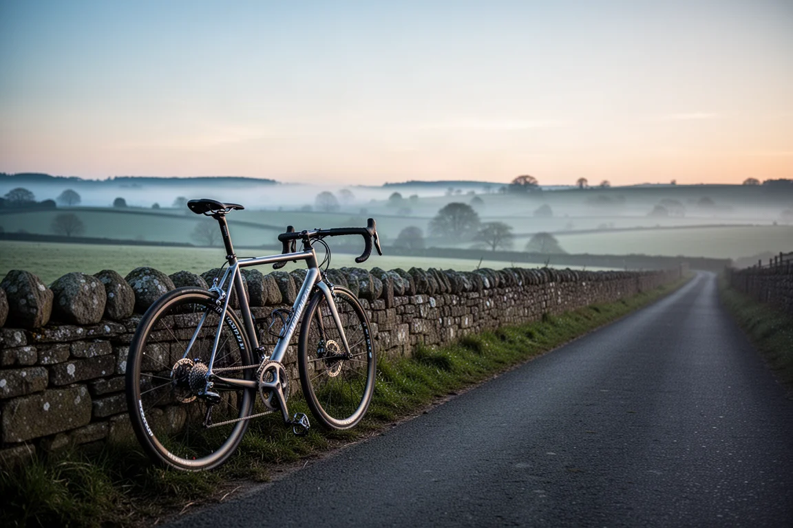 Road bike leaning against a stone wall on an empty country road at dawn