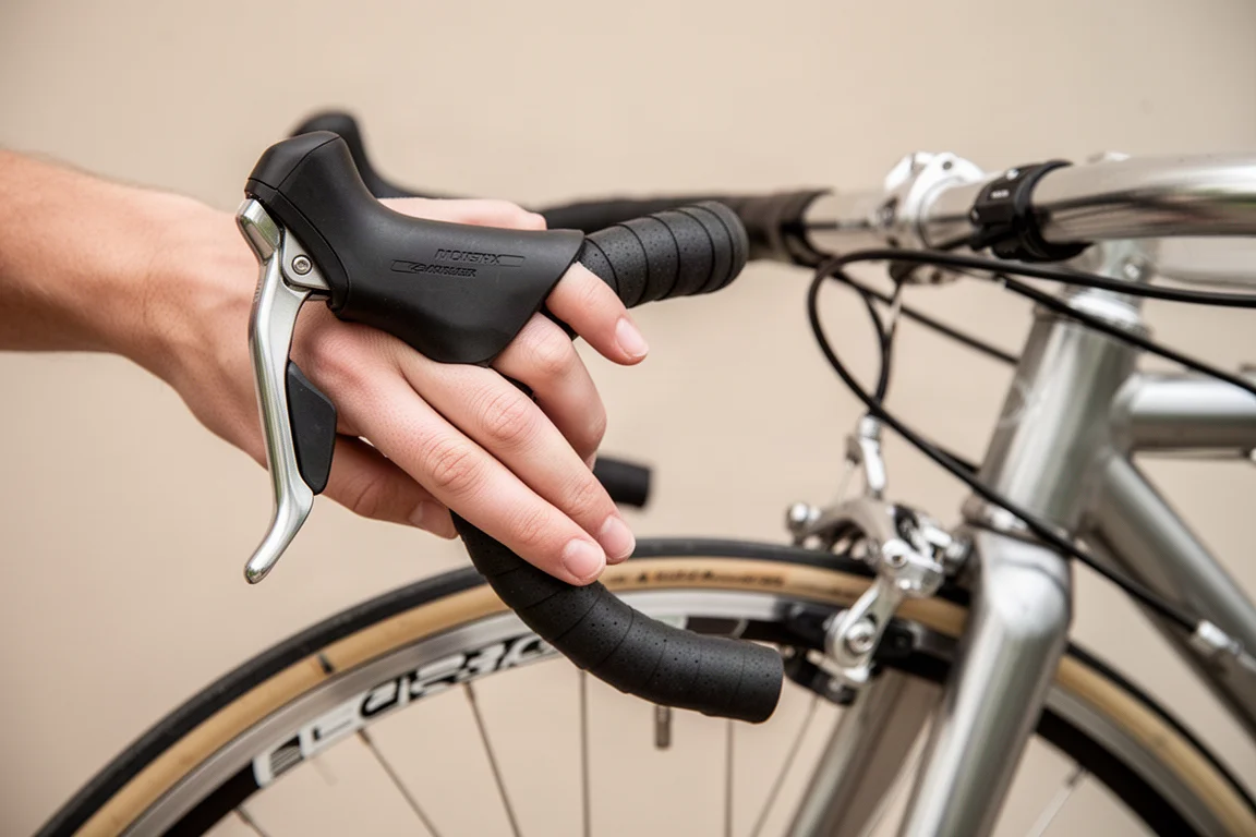 Ciclista che aziona la leva del freno di una bici da strada con la pinza del freno anteriore visibile