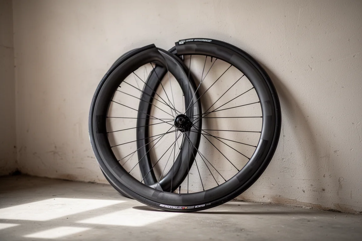 Bici da strada montata su un rullo indoor in una stanza essenziale con luce mattutina