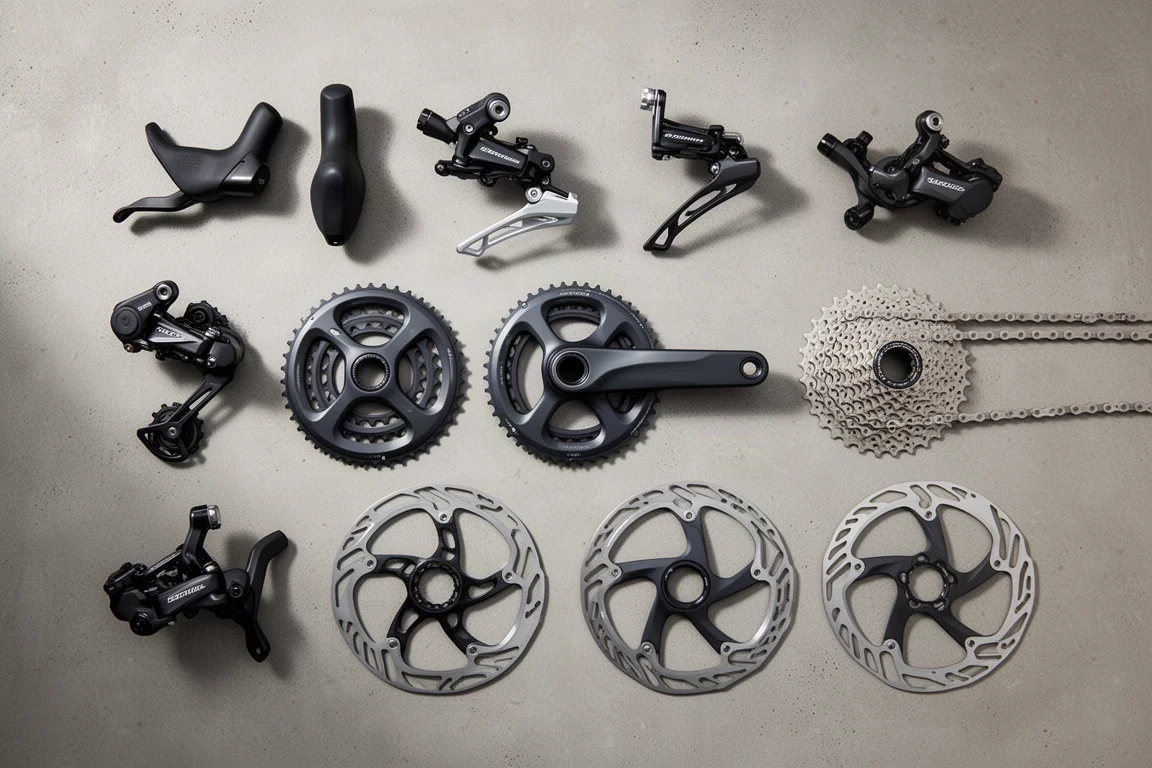 Complete onderdelen van een racefietsgroupset gerangschikt op een mat betonnen oppervlak