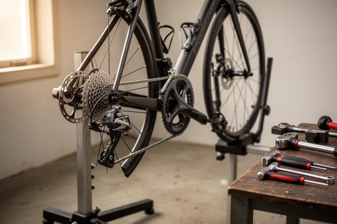 Bicicleta de carretera en un soporte de taller con la transmisión enfocada y herramientas en un banco