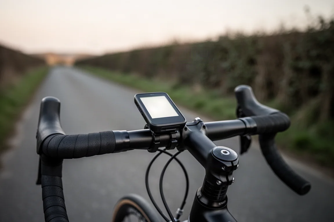 Primer plano de un ciclocomputador montado en el manillar de una bicicleta de carretera al atardecer