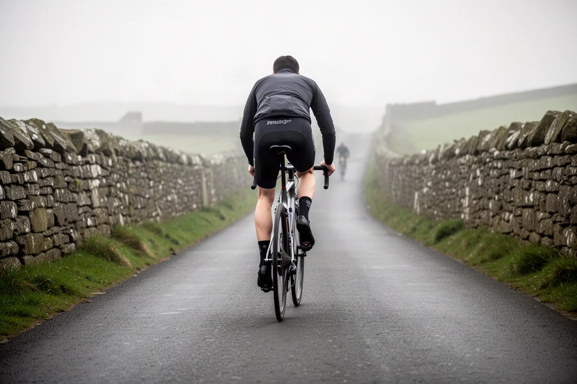 Ciclista visto desde atrás subiendo una empinada carretera asfaltada entre muros de piedra