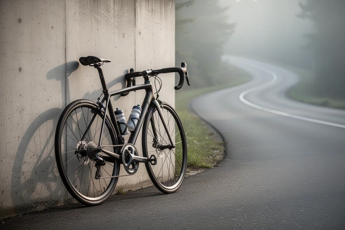 Bicicleta de carretera apoyada contra un muro de hormigón con una carretera vacía curvando detrás