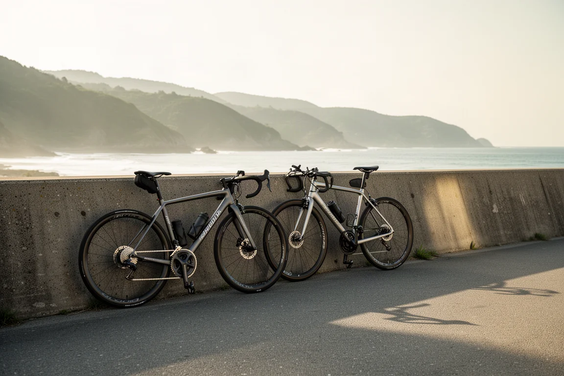 Two road bikes leaning against a concrete wall beside a quiet coastal road