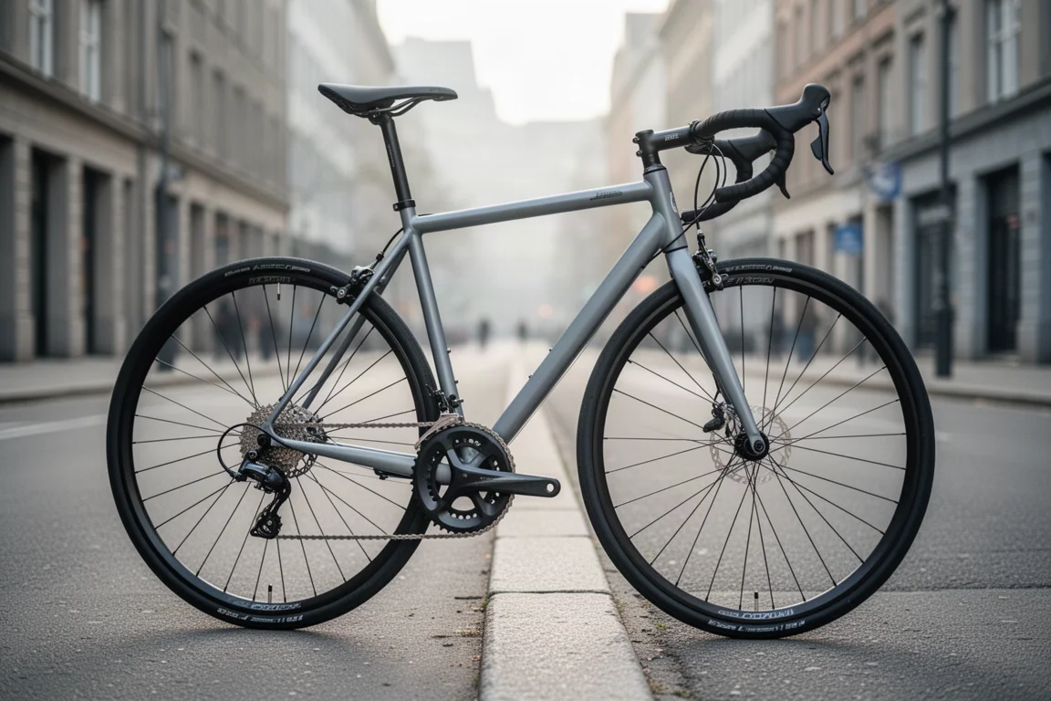 Entry-level road bike parked at a kerb on a quiet city street in morning light