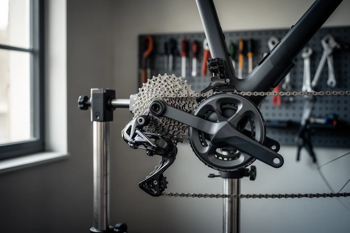 Wireless road bike drivetrain on a workshop stand with tools blurred behind