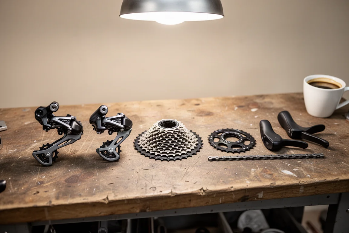 Groupset components laid out on a workshop bench beside a cup of coffee