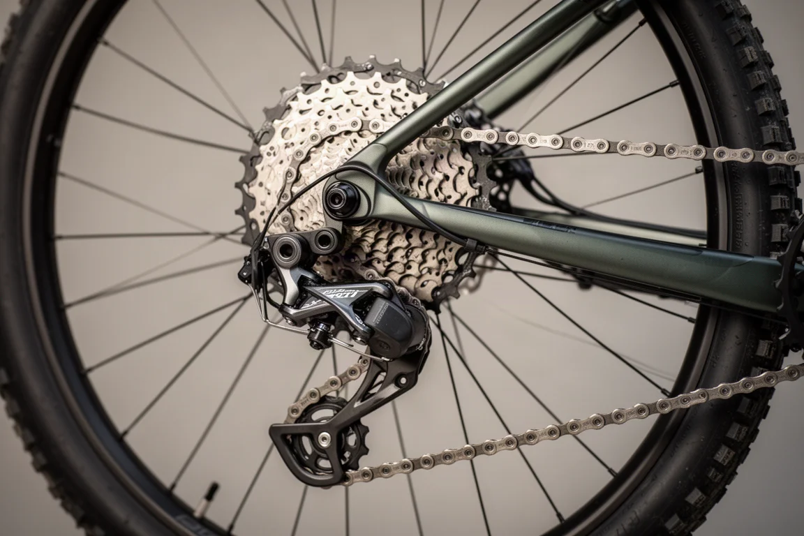 Nahaufnahme eines 1x-Schaltwerks und einer breit abgestuften Kassette an einem Drop-Bar-Bike.