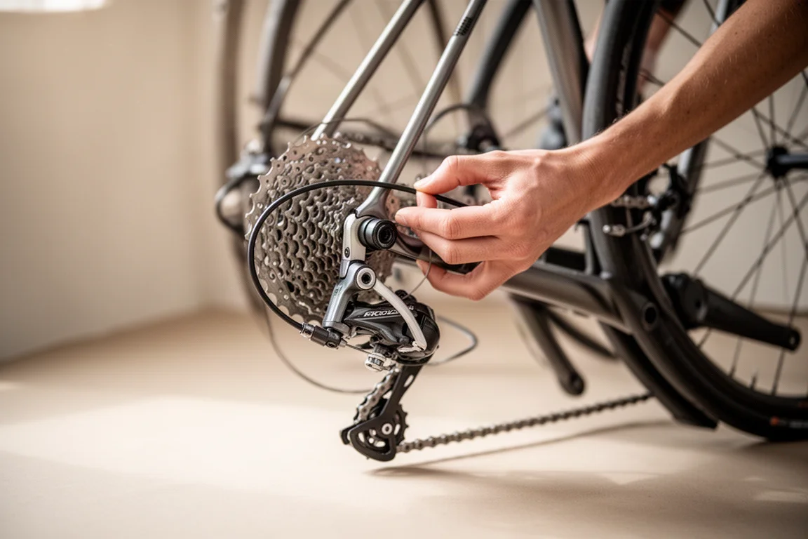 Hand, die ein Schaltwerk an einem Drop-Bar-Bike einstellt.