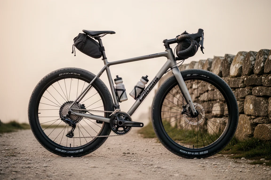 Drop-Bar-Bike mit breiten Reifen auf einem Schotterweg neben einer Steinmauer.