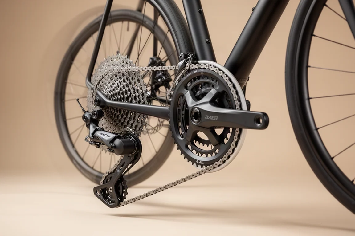 Bici con manubrio drop e trasmissione Shimano XT 1x su sfondo neutro.