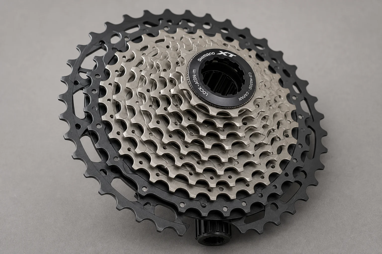 Shimano XT M8200 12-speed cassette with dark gray aluminum cogs and Micro Spline interface on neutral background